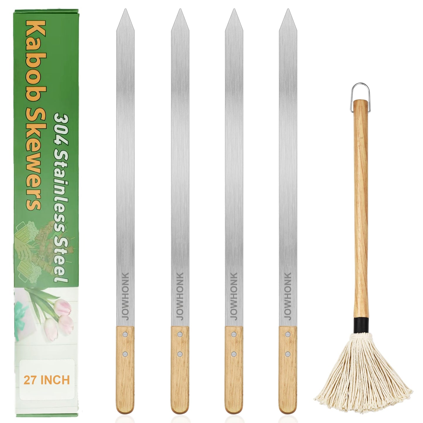 JOWHONK 27" 304 Stainless Steel Skewers for Grilling,1 Inch Wide Extra Large Skewers for Kabobs with Wooden Handle,Metal Flat Barbecue Skewer Make Koobideh Brazilian-BBQ Skewer(4),BBQ Mop Brush(1)