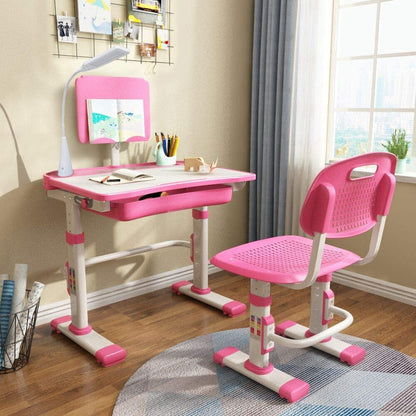 LVYUAN Kids Functional Desk and Chair Set, Ergonomic Height Adjustable Children School Study Desk with Tilt Desktop, Book Stand, LED Light, Metal Hook and Storage Drawer for Boys Girls(Pink)