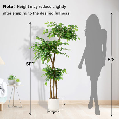 5FT Artificial Ficus Tree with White Planter and Pebbles,Faux Silk Tree with Lifelike Leaves and Realistic Trunk,Tall Fake Potted Plant for Home and Office Décor Indoor and Outdoor (5FT)