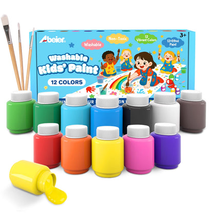 ABEIER Washable Kids Paint, Safe Non-Toxic Finger Paint, 12 Vibrant Colors(2 fl oz) with 3 Paint Brushes, Mess-Free Arts & Crafts Supplies for Toddlers & Grandkids, Ages 3, 4, 5