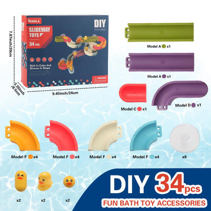 Fracurs Duck Slide Bath Toys for Kids Ages 4-8, Bathtub Toys DIY Wall Track Building Kit for Toddlers 2-4 3-5, Fun Shower Toys Bathtub Time Birthday Gift for 3+ Years Old Boys and Girls（34PCS）