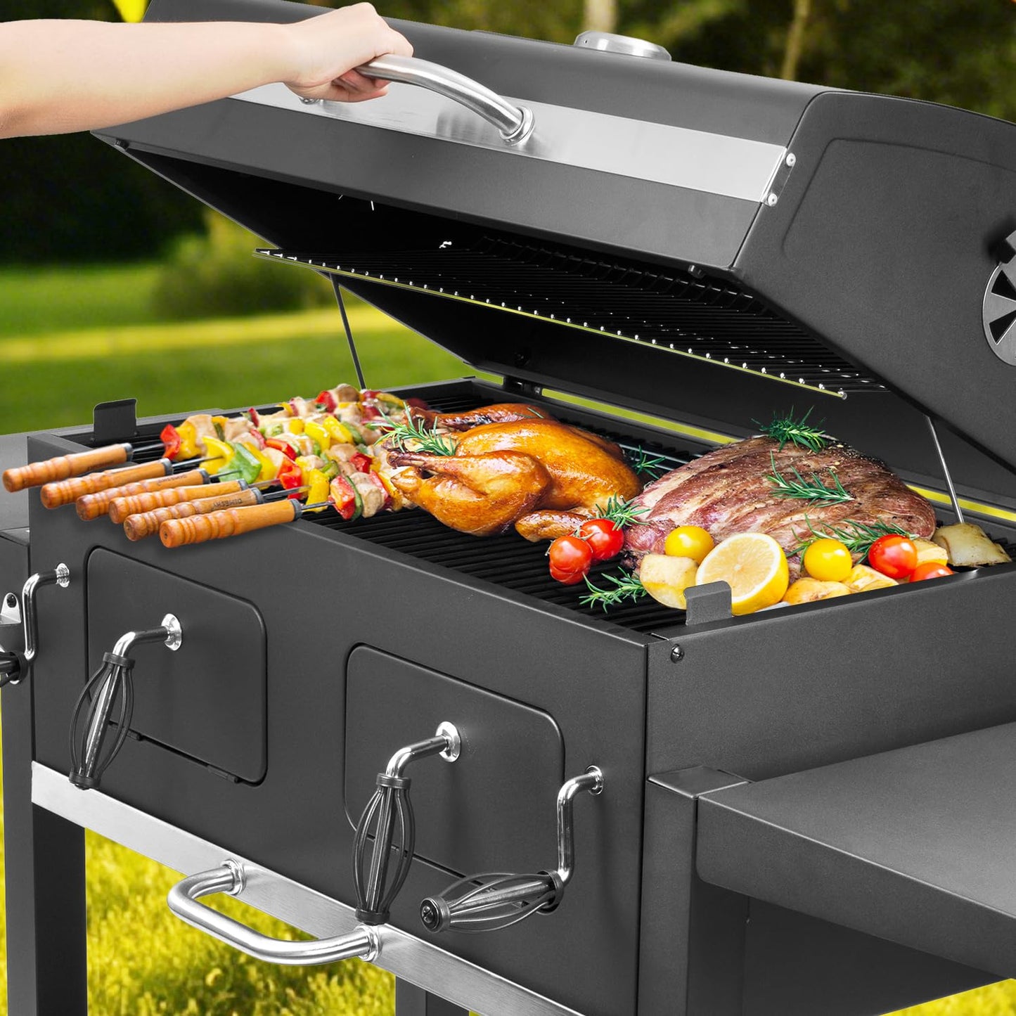 Charcoal Grill Outdoor BBQ Grill, Extra Large Cooking Area 794 Square Inches with Two Individual & Adjustable Charcoal Tray, Foldable Side Tables for Outdoor Cooking Backyard Camping Picnics By DNKMOR