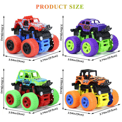 LEFEI Monster Truck for Boys 3 4 5 6 7 Year Old,4 Pack Push and Go Friction Powered Car Toys, Double-Directions Inertia Pull Back Vehicle Set,Birthday Party Gift for Kids