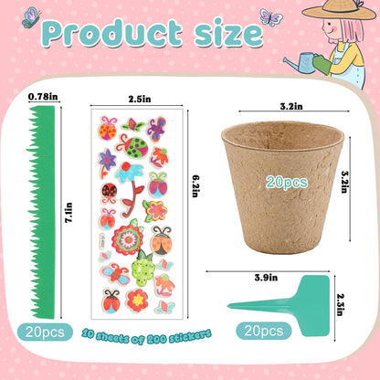 NNG 20 Set Garden Paper Pot Craft Kit,20Pcs Round Paper Mache Pots Peat Plant Pots with 200pcs Adhesive Foam Stickers & 20Pcs Pots Labels,Flower Plant Spring Craft for DIY Flower Planting