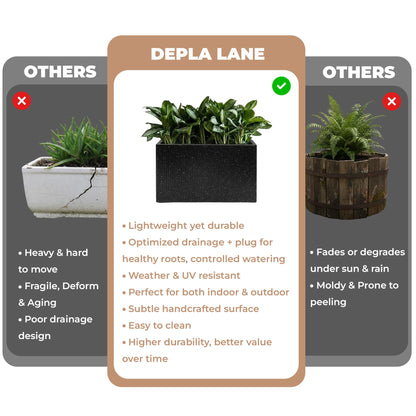 DEPLA LANE Trevano Fiberstone Rectangular Planter (26" L x 9.8" W x 15.7" H) Ribbed Finish, Removable Inner Pots, Lightweight, Durable, UV Resistant, Modern Indoor Outdoor Plant Pot (M, Ribbed Black)