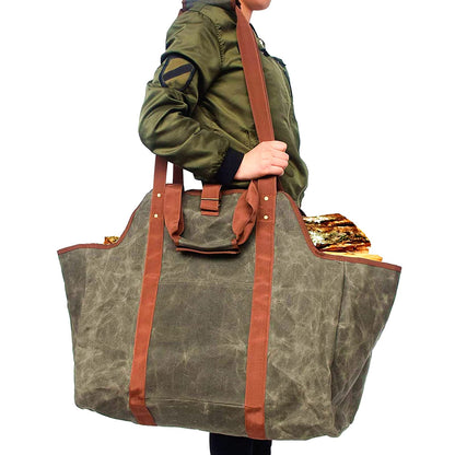 Green Leather Indoor Fireplace Log Holder - Wood Carrier for Firewood Rack & Tote