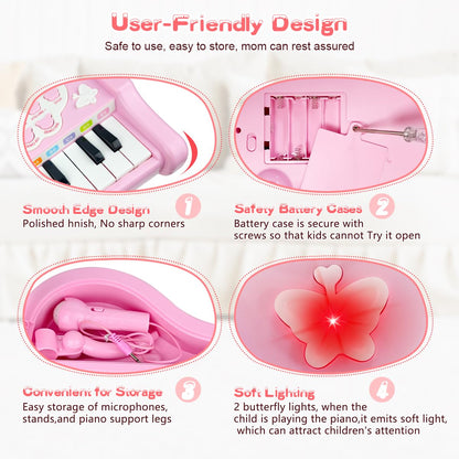 Love&Mini Pink Piano Toys for 1+Years Old Girls First Birthday Gifts Toddler Piano Music Toy Instruments with 24 Keys and Microphone