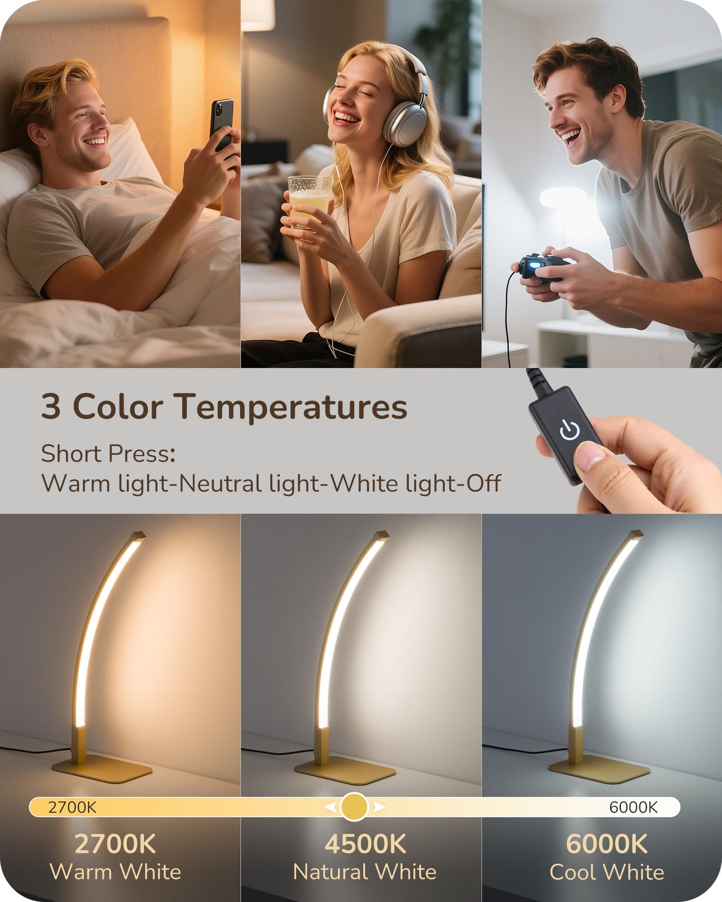 EDISHINE Curved LED Table Lamp, Modern Bedside Lamp with 3 Color Temperature & Stepless Dimming, Aluminum & Iron, Nightstand Lamp for Bedroom, Living Room, Gold