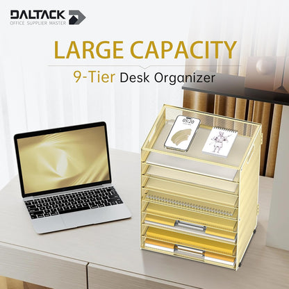 DALTACK 9-Tier Paper Organizer for Desk, Mesh Letter Tray Desk Organizer with Handles, Space-Saving File Organizer for Office Home School, Gold