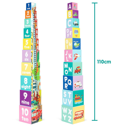 boppi Baby Stacking Blocks Vehicle Toys with Letters and Numbers, Montessori Cubes for Toddlers, Preschool Learning Toys