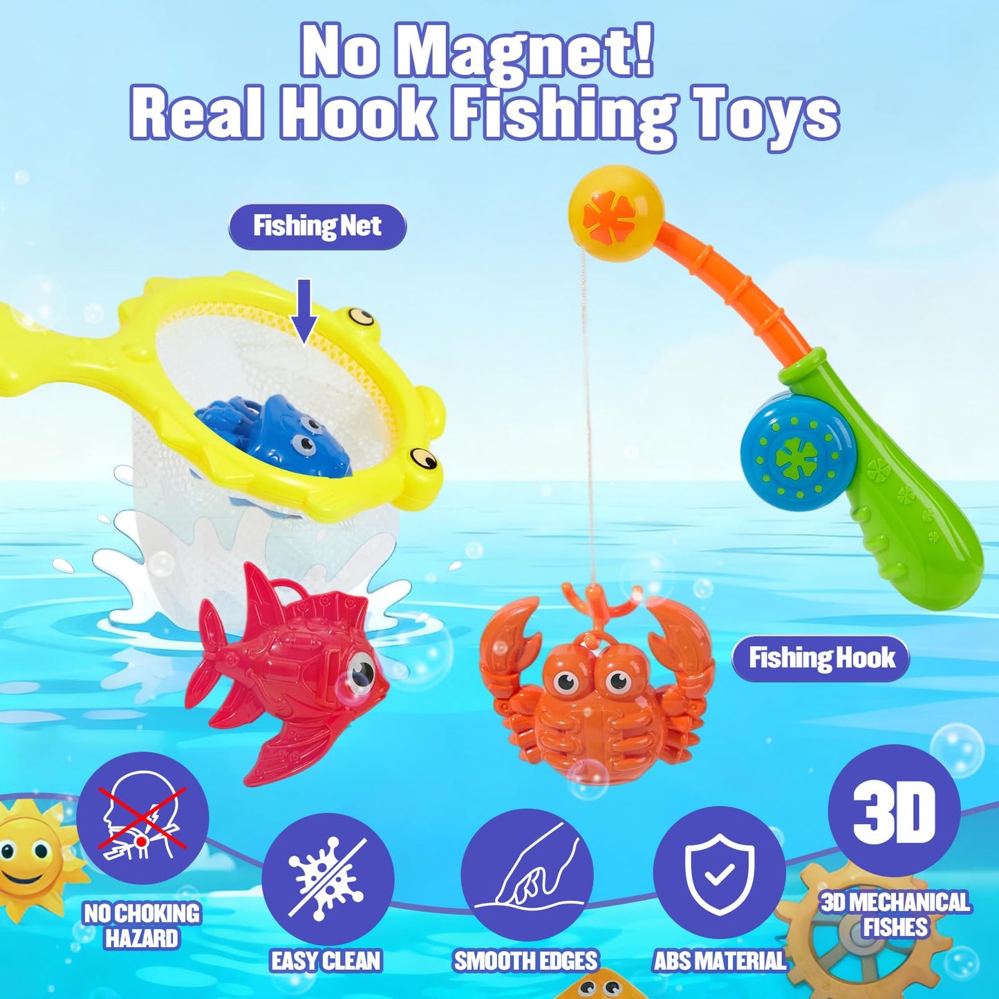 Toddler Bath Toys for Kids Ages 1-3, 22 PCS Mold Free Bath Toys Toddlers 2-4 with Fishing Toy Games, Fishing Pole Rod Net Tub Toys with Mesh Bag, Water Pool Toys for Kids Ages 1 2 3 4 5 6 8 Years Old