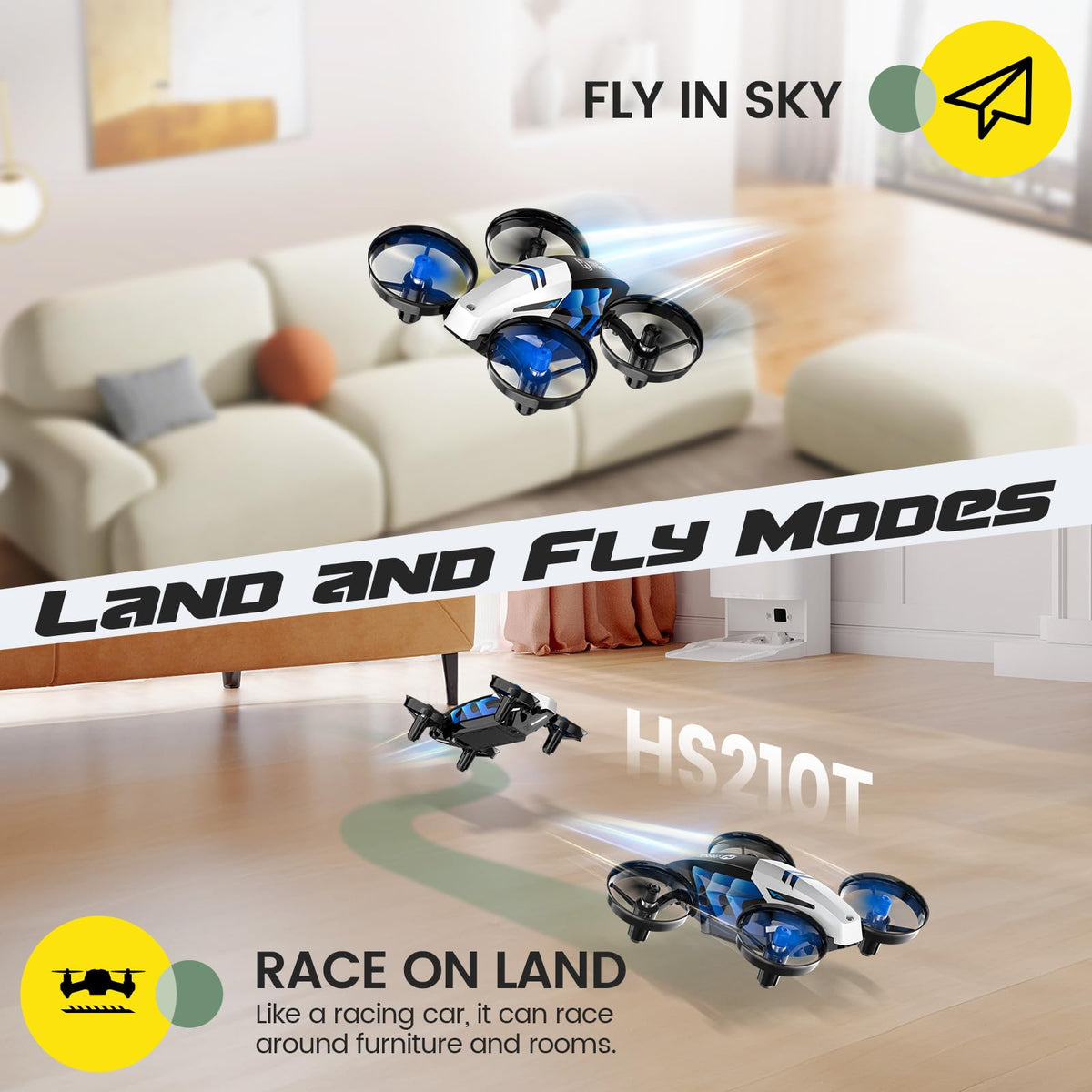 Holy Stone HS210T Drones for Kids, 2 IN1 MINI Indoor Drone with Land & Fly Mode, Four Posture Deformations RC Quadcopter with 3D Flip, Auto Hovering, Easter day& Birthday Toy Gift for Boys and Girls