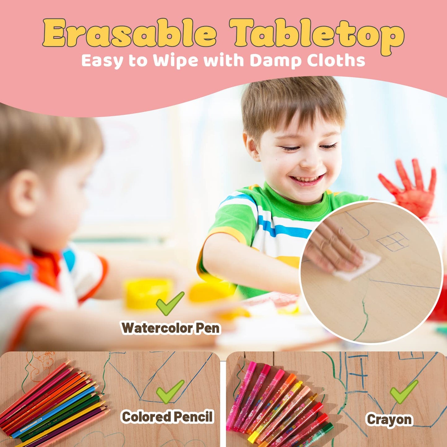 FUNLIO Kids Table and 2 Chairs Set, Height Adjustable Toddler Table and Chair Set for Ages 3-8, Easy to Wipe Arts & Crafts Table, for Classrooms/Daycares/Homes, CPC & CE Approved (3pcs Set) - Pink