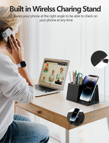 Desk Supplies Organizer, Multi-Functional Pencil Pen Holder with Wireless Charger, Desktop Stationery Organizer, Home Office Supply Storage Box Caddy (Black)