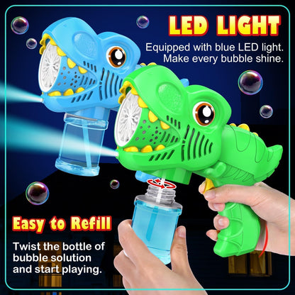 Kids Bubble Gun 2 Pack Dino Bubble Machine Gun for Toddlers with 4 Solutions Outdoor Toys Automatic 13-Hole Bubbles for Kids Blower Maker Easter Basket Stuffers Valentines Gift Party for Boys Girls