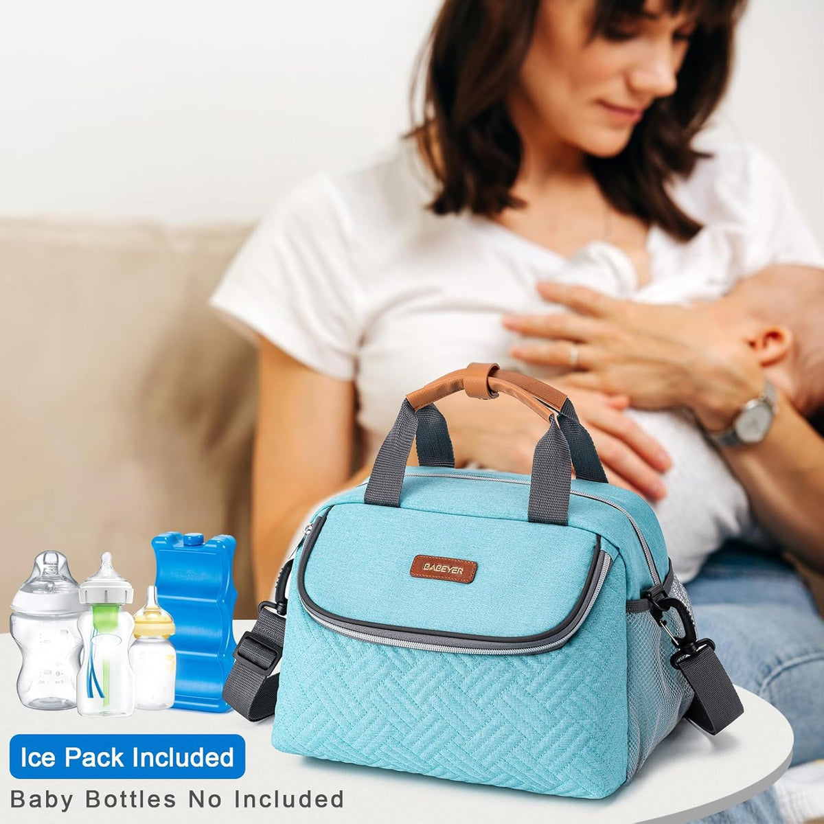BABEYER Breastmilk Cooler Bag with Ice Pack Fits 6 Baby Bottles up to 9 Ounce, Wearable Breast Pumps Cooler Bag for Nursing Mom Daycare, Work, Travel- Aqua
