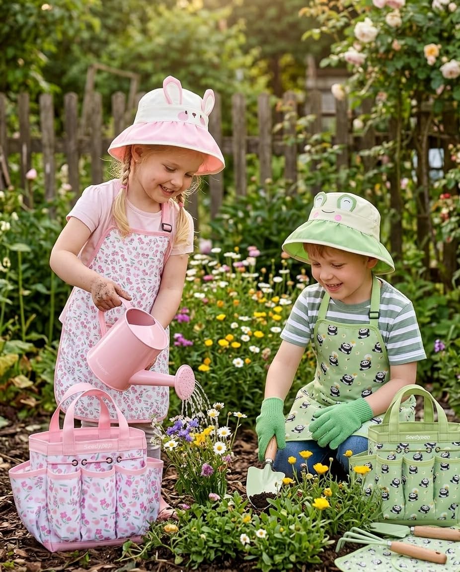 Seedypop Kids Gardening Tool Set Toys - 8 Pieces Quality Garden Kit for Toddlers & Kids with Shovels, Rake, Watering Can, Hat, Apron, Gloves & Storage Bag (Pink Flower)