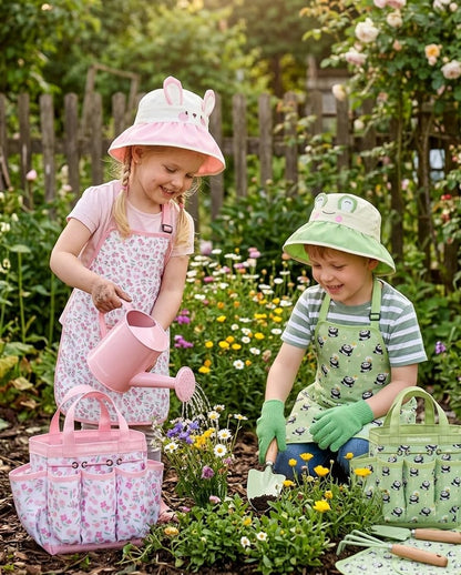 Seedypop Kids Gardening Tool Set Toys - 8 Pieces Quality Garden Kit for Toddlers & Kids with Shovels, Rake, Watering Can, Hat, Apron, Gloves & Storage Bag (Pink Flower)