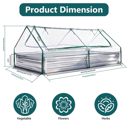 DUMOS 8x4x1ft Galvanized Raised Garden Bed with Cover, Planter Box Outdoor for Deep-Rooted Herbs/Flowers/Vegetables, Open Base Metal Garden Bed Mini Greenhouse for Patio/Balcony/Backyard, Silver