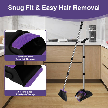 UDUK Broom with Dustpan Combo Set and Silicone Air Broom Kit, 51" Long Handle Floor Squeegee, Purple Household Kit for Glass Window Rugs Pet Hair Home