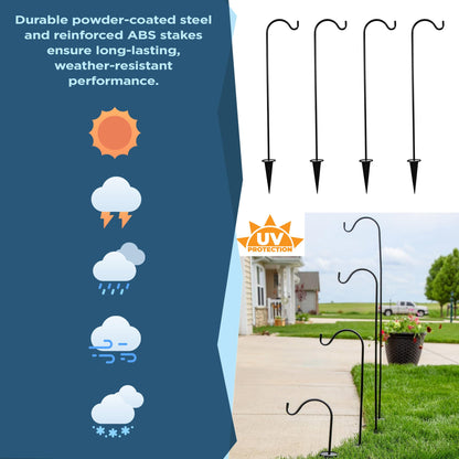 Shepherds Hooks for Outdoor - Set of 4 Adjustable Garden Poles for Bird Feeders, Solar Lanterns, Wind Chimes, Hanging Plants - Shepards Hook Ground Stakes For Perfect Outdoor Landscape Decorations