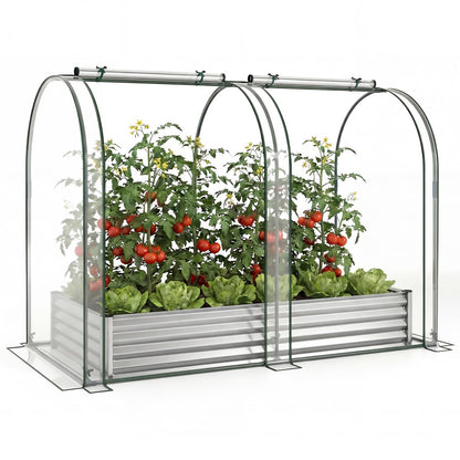 Giantex Galvanized Raised Garden Bed with Greenhouse Cover, 6x3x1 FT Outdoor Metal Oval Tall Planter Box with 2 Roll-up Windows, Clear PVC Mini Greenhouse for Vegetables Flowers Herbs Patio (Silver)