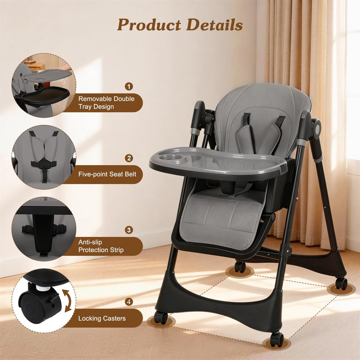 3-in-1 Baby High Chair with Soothing Rocker | Convertible Baby High Chair for Babies and Toddlers | Brake Wheels, Easy Clean, Space Saving | Adjustable, Removable Tray (Dark Grey)