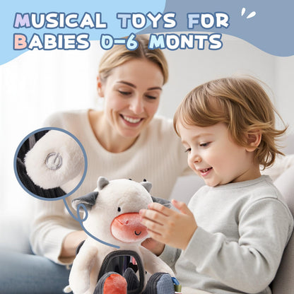 Koty Musical Tummy Time Toy,Baby Mirror Toy 3 Years Old, Infant Sensory Toy with Crinkle Sounds, Textures, Mirror & Melody Music Box for Tummy Time and Self-Discovery (White Cow)