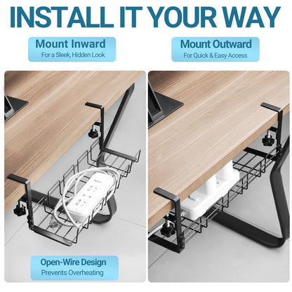 Under Desk Cable Management Tray, 15.7'' Metal Wire Organizer with Clamp, No Drill Desk Cord Rack for Cable Management, Computer Wire Organizer for Office and Home – Sturdy & Scratch-Free
