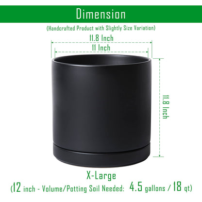 D'vine Dev 12 Inch Ceramic Planter Pot with Drainage Hole and Saucer, Indoor Cylinder Round Planter Pot, Black, 94-O-F-2