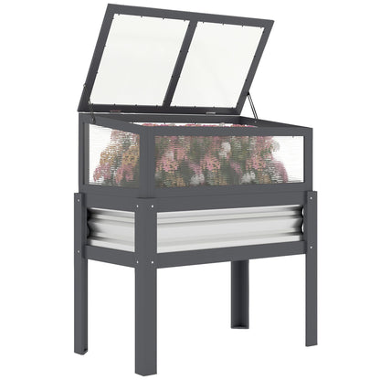 Outsunny Wooden Raised Garden Bed with Flip-Up Greenhouse Top, Raised Garden Bed with Legs and Bed Liner, Elevated Planter Box for Flowers, Vegetables, Herbs, Gray