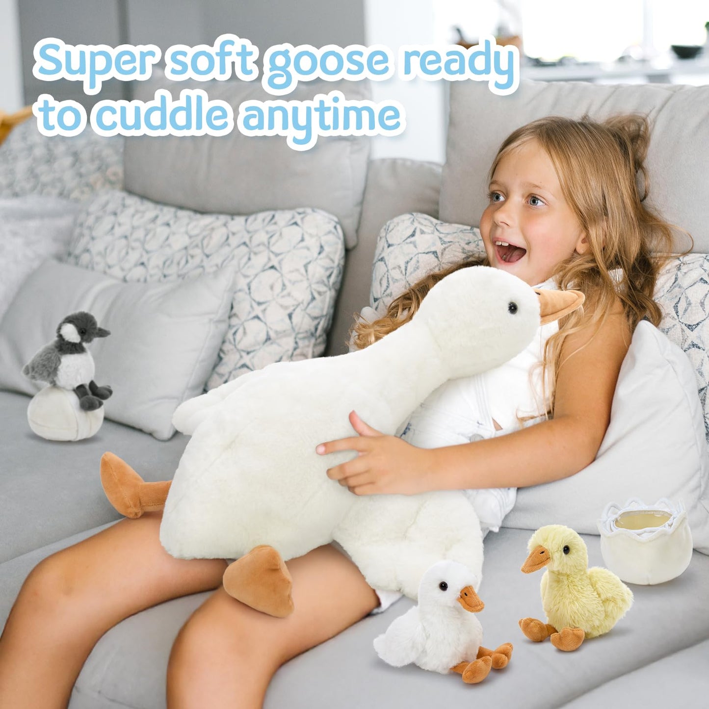 Tezituor Goose Stuffed Animal with Babies&Eggs, 23.6" Large Goose Plush Hugging Pillow Soft Swan Plushies Toys Birthday Christmas for Kids Boys Girls