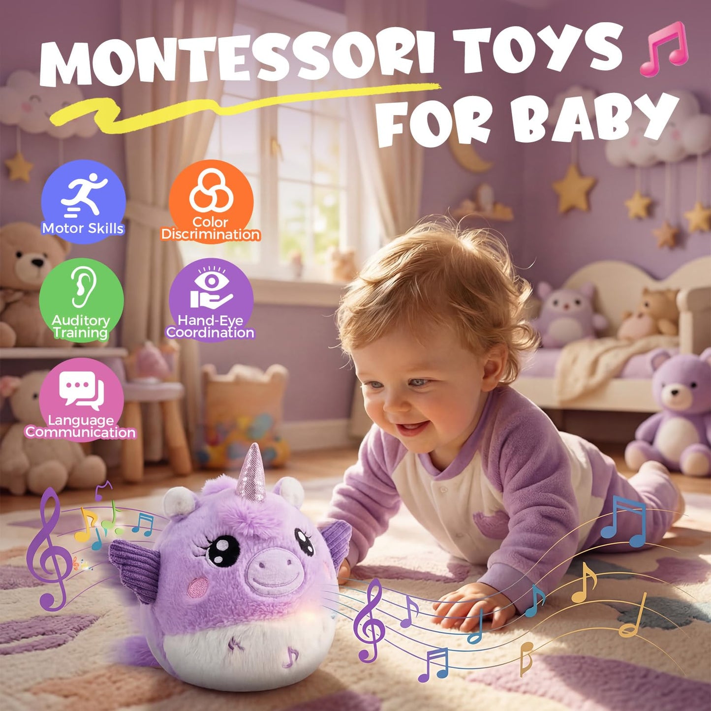 Music Crawling Toy for Baby 6-12 Months, Unicorn Tummy Time Toys & Floor Play Infant Stuffed Animal Toy with Volume Adjustable/Rechargeable/Record, Baby Remote Control Sensory Toy Girl Gift Set