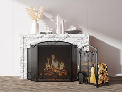 Lizh Metalwork Fireplace Log Holder with Fireplace Tools, Wrought Iron Indoor Stove Accessories Firewood Rack Holder Lumber Storage Stacking Log Holder Log Bin with Tongs Shovel Poker and Brush