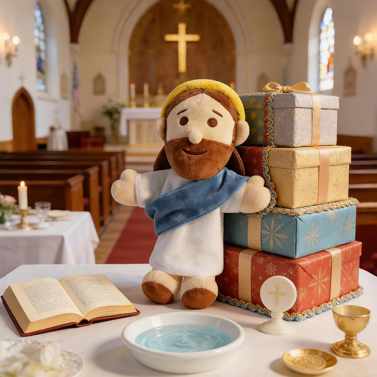 AKAIXI Jesus Hand Puppet Plush Jesus Doll 13" Blue Religious Bible Character Puppet Interactive Toy Fit Adult Hand Christian Easter Gifts for Baby Toddler Sunday School Kids First Communion Baptism