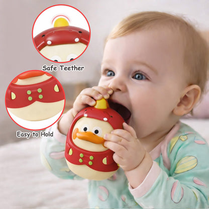 Tinabless Tummy Time Toys, Dinosaur-Duck Roly Poly Baby Toy, Musical Wobbler Toy | Tumbler Wobbler Toy for Newborns 3-12 Month Baby Boys and Girls Easter Basket Gift First Birthday Present (Red)