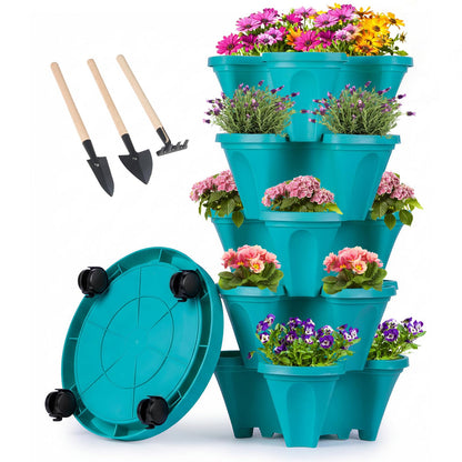 GameXcel Vertical Planter Tower - 5 Tier Stackable Garden Planters with Wheels and Tools Plant Pots for Strawberry Herb Flower and Vegetable Indoor Outdoor Use Teal