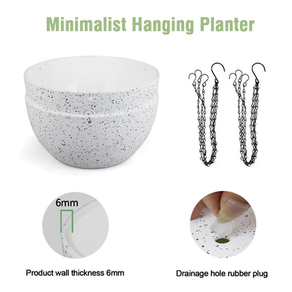 Meowell 8 inch Hanging Planters for Small Indoor Outdoor Plants, 2 Pack Hanging Flower Pots with Drainage Holes and Chain for Garden Porch, Plastic Hanging Baskets for House Plants, Speckled White