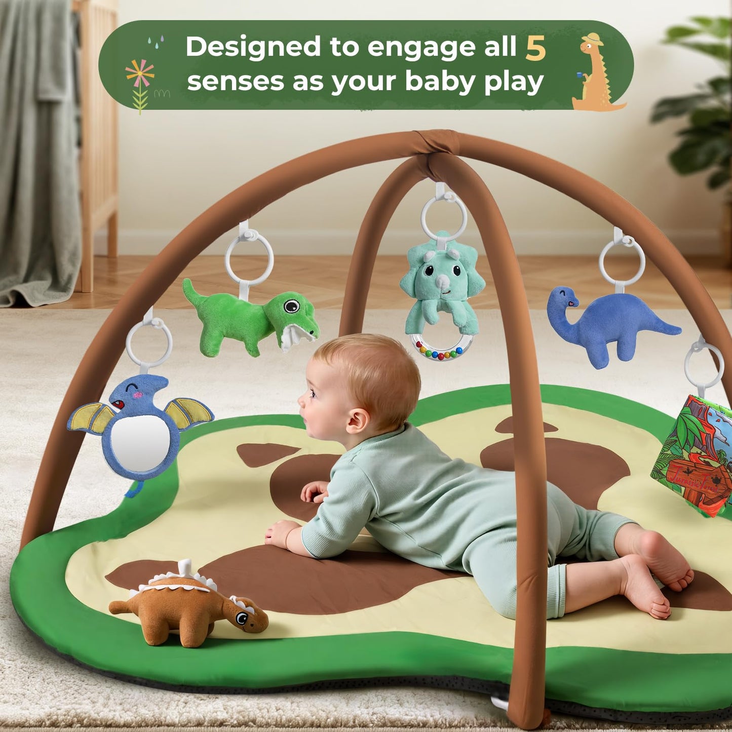 bopopo Baby Gym Play Mat, Oversize Dinosaur Claws Shaped Tummy Time Mat with 6 Detachable Baby Activity Toys, Baby Play Mat Promote Motor Skills & Sensory Development, Newborn Infant Essentials Gift