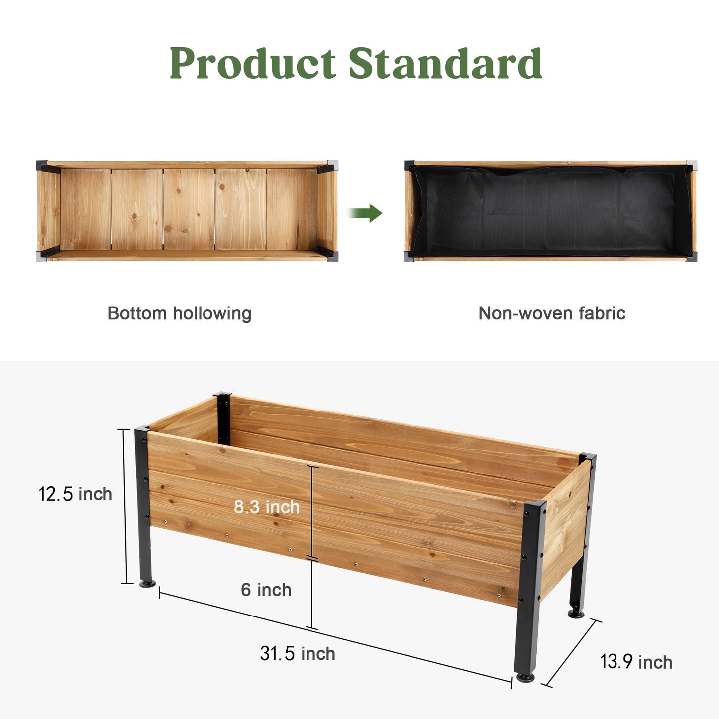 Borsynium Wooden Rectangular Flower Box with Short Iron Legs, Planting Bed for Flowers and Vegetables, Suitable for Garden and Balcony. Dimensions: 31.5×13.9×12.5 inches