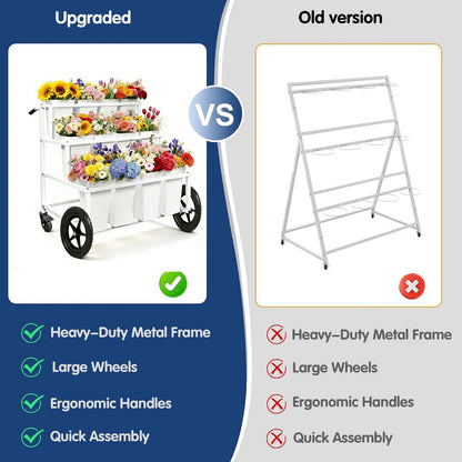 Heavy Duty Flower Cart Display Stand with Large Wheels and Handles, Metal Flower Plant Stand with 12 Buckets, Moving Flower Bouquet Holder for Farmers Market Stand, Flower Bar Supplies for Patio Garden Florist Wedding (White, L33.4*W31.4*H*40.5in)