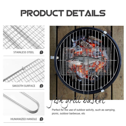 BESPORTBLE Fish Grill Basket, Fish Grilling Basket for Outdoor Stainless Steel Folding Grill Accessories Grill Basket for Bar Camping Picnics Parties