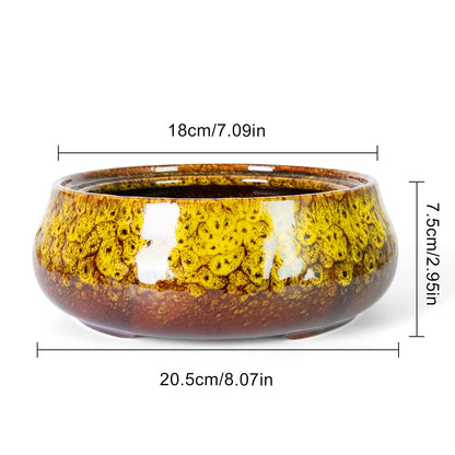ARTKETTY Succulent Pots - 8 Inch Plant Pot, Large Bonsai Pots with Drainage, Ceramic Planters for Indoor Outdoor Plants, Round Shallow Cactus Flower Plant Container Bowl Decorative Home Garden