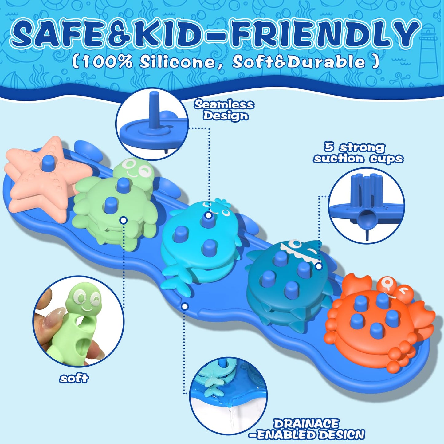 Baby Bath Toys, Premium Silicone Mold Free Ocean Animal Shape Sorting & Stacking Toddlers Bath Toys, No Hole Bathtub Floating Toys Gift for Boys Girls, Early Learning Sensory Water Toys, Bathtime Fun