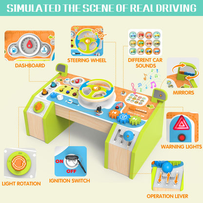 Yuyctwg Montessori Busy Board Car Steering Wheel Toy for Toddlers 1-3, Wooden Sensory Activity Board with Light Sound, Educational Toys for Fine Motor Skills, Birthday Gift for Boys Girls