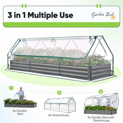 Quictent Raised Garden Bed Galvanized Raised Beds for Gardening Vegetables with Cover 8x4x1 ft Metal Planter Box Outdoor Use (Clear)