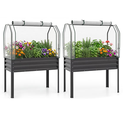 Giantex Raised Garden Bed with Legs & Greenhouse Cover, 44x22x60 Elevated Metal Planter Box with Roll-up Door, Outdoor Mini Greenhouse for Vegetable Flower Herb Patio Balcony (Black,2)