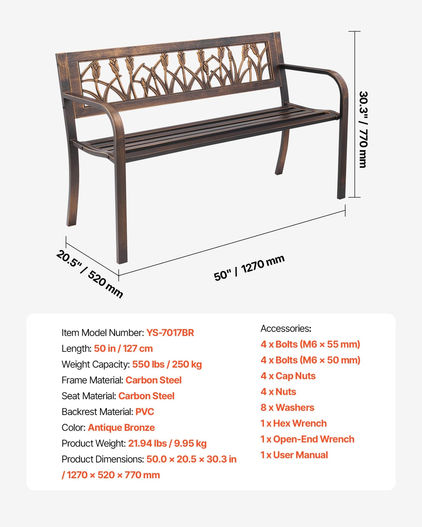 VEVOR Outdoor Bench, 50 inch, Carbon Steel Metal Frame with PVC Floral Pattern Backrest and Round Edge Armrests, Weatherproof Outside Bench for Patio, Garden, Park, Yard, Front Porch, Antique Bronze