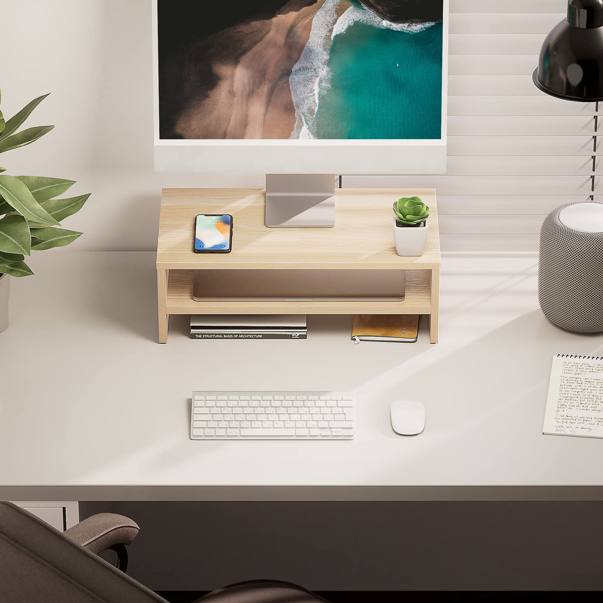 FITUEYES Monitor Stand - 2 Tier Computer Monitor Riser Shelf, Wood Desktop Stand for Laptop Computer Screen, Desk Organization, Office Supplies