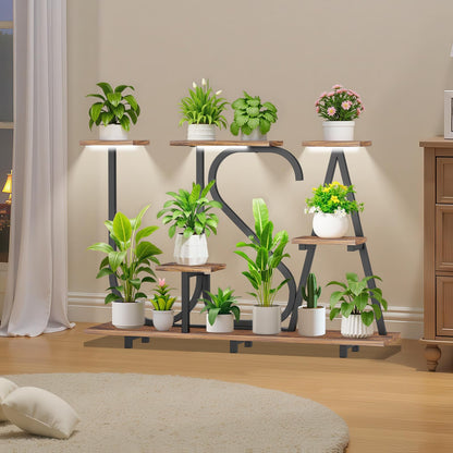 NUNUDA Plant Stand Indoor with Grow Lights - Enlarged 6 Tiered Plant Shelf with Grow Light, 32" USA-Shaped Plant Stand Holds 12 POTS Indoor Plants, Metal Plant Shelf for Home, Living Room, Patio